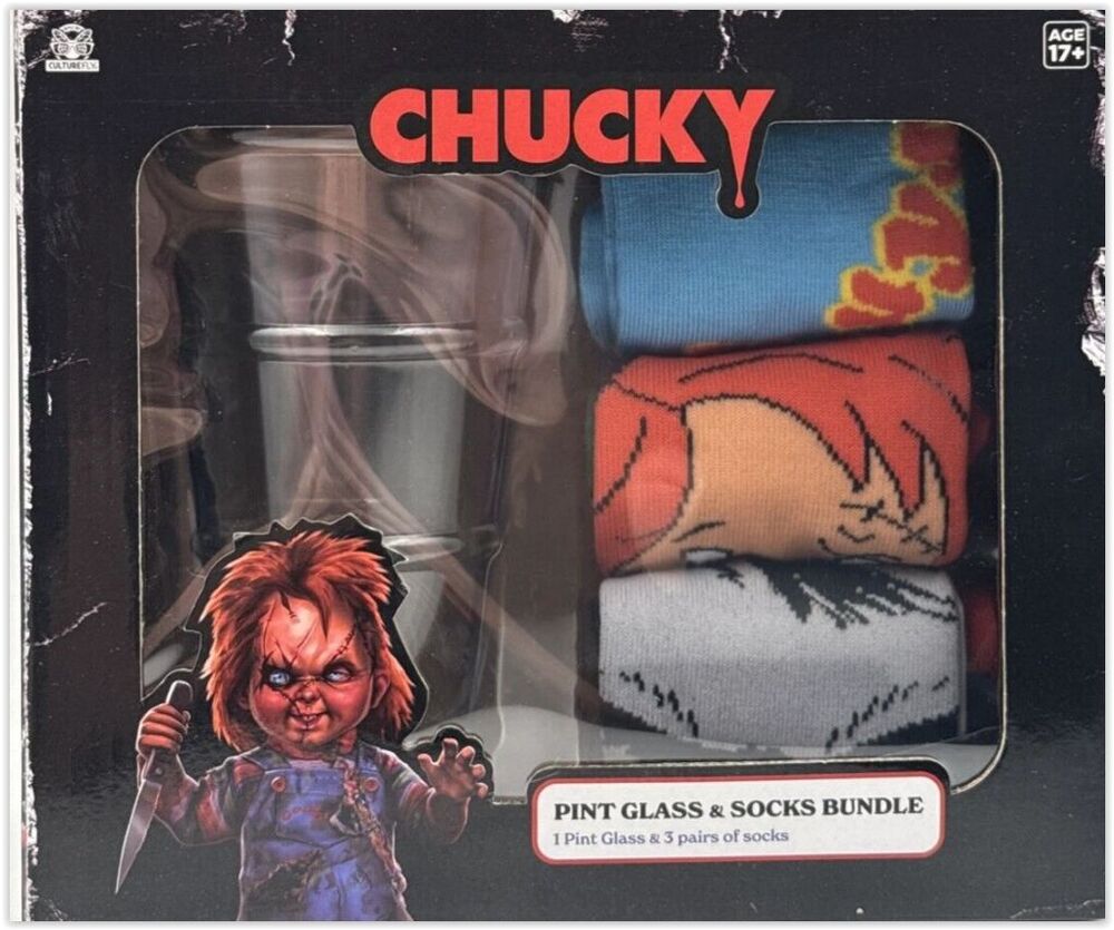 CHUCKY HORROR 17+ Pint Glass & 3 Pack Chucky Socks, Adult Version  New